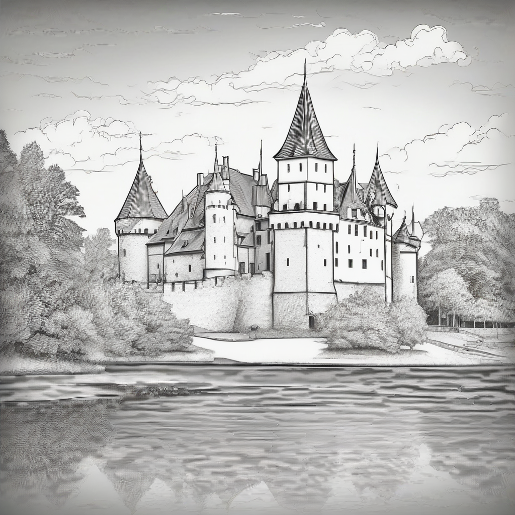 black and white trakai castle coloring page by मुफ्त एआई छवि जनरेटर - बिना लॉगिन के✨ | AIGAZOU