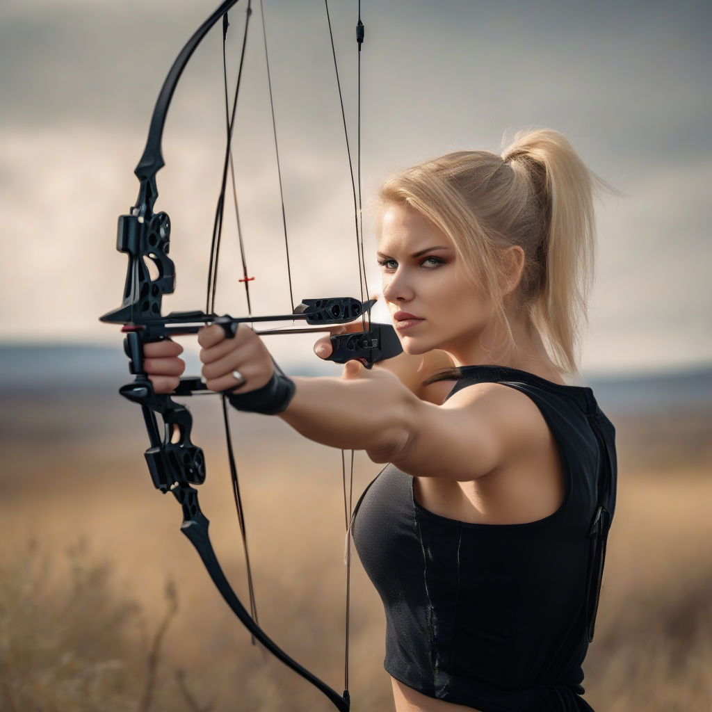 young blonde slim woman in black dress proudly shooting compound bow by Générateur d'images par IA gratuit - Aucune connexion nécessaire✨ | AIGAZOU