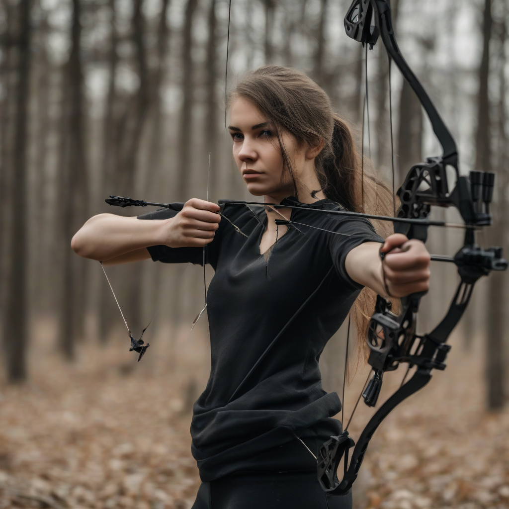 young slim woman in black clothing shooting compound bow proud wild by मुफ्त एआई छवि जनरेटर - बिना लॉगिन के✨ | AIGAZOU