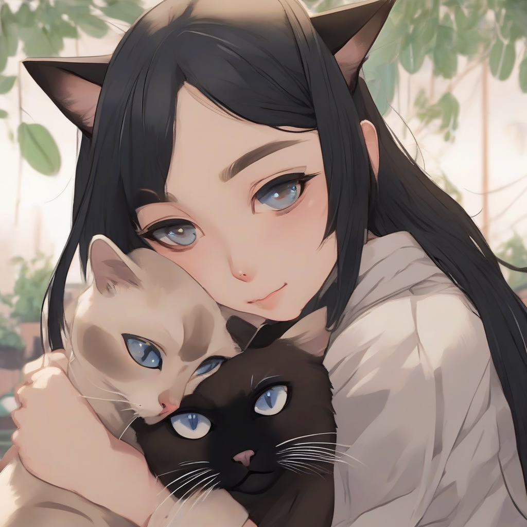 siamese cat with girl owner black straight hair big brown eyes eyeliner anime cuddling by मुफ्त एआई छवि जनरेटर - बिना लॉगिन के✨ | AIGAZOU