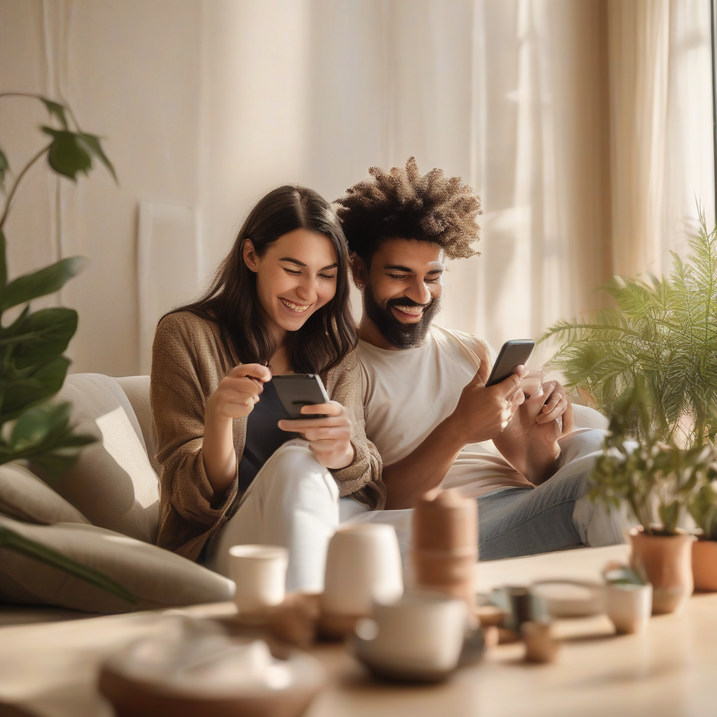 a couple relaxing on a sofa sharing a smartphone by मुफ्त एआई छवि जनरेटर - बिना लॉगिन के✨ | AIGAZOU