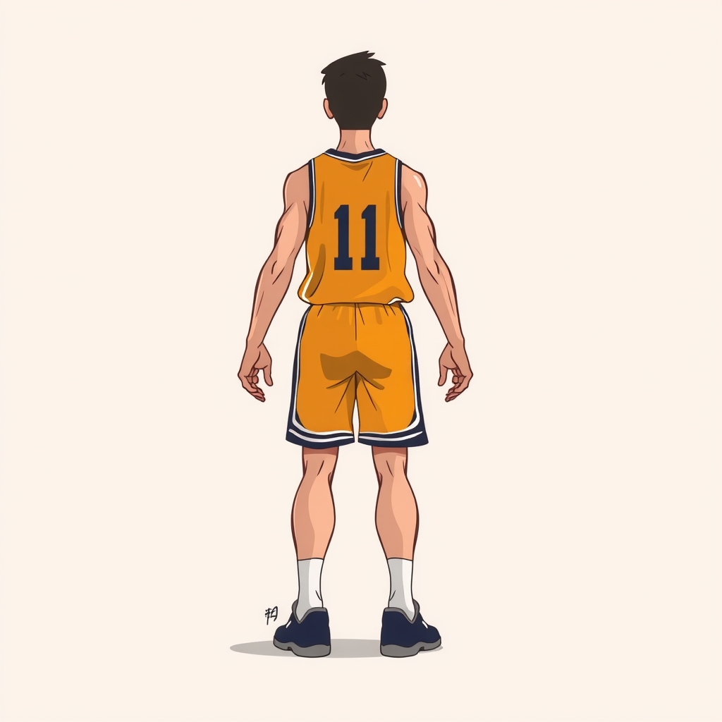 cartoon man in basketball uniform seen from behind alone with legs and no ball in hands by मुफ्त एआई छवि जनरेटर - बिना लॉगिन के✨ | AIGAZOU