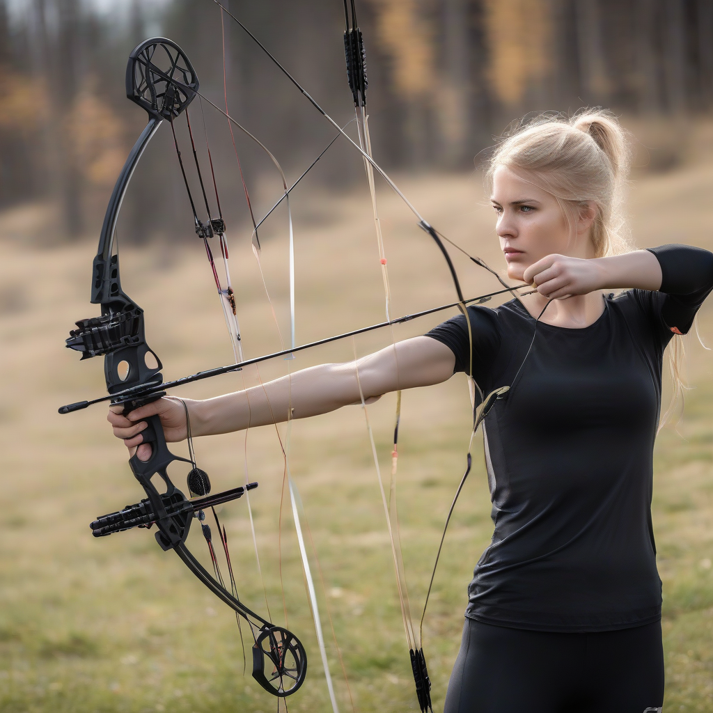 blonde woman in black dress shooting arrow proud focused by मुफ्त एआई छवि जनरेटर - बिना लॉगिन के✨ | AIGAZOU