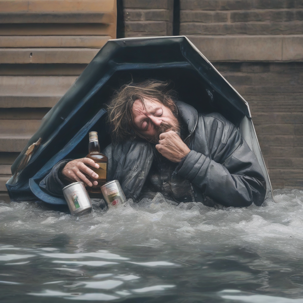 homeless person drowning in alcohol by मुफ्त एआई छवि जनरेटर - बिना लॉगिन के✨ | AIGAZOU