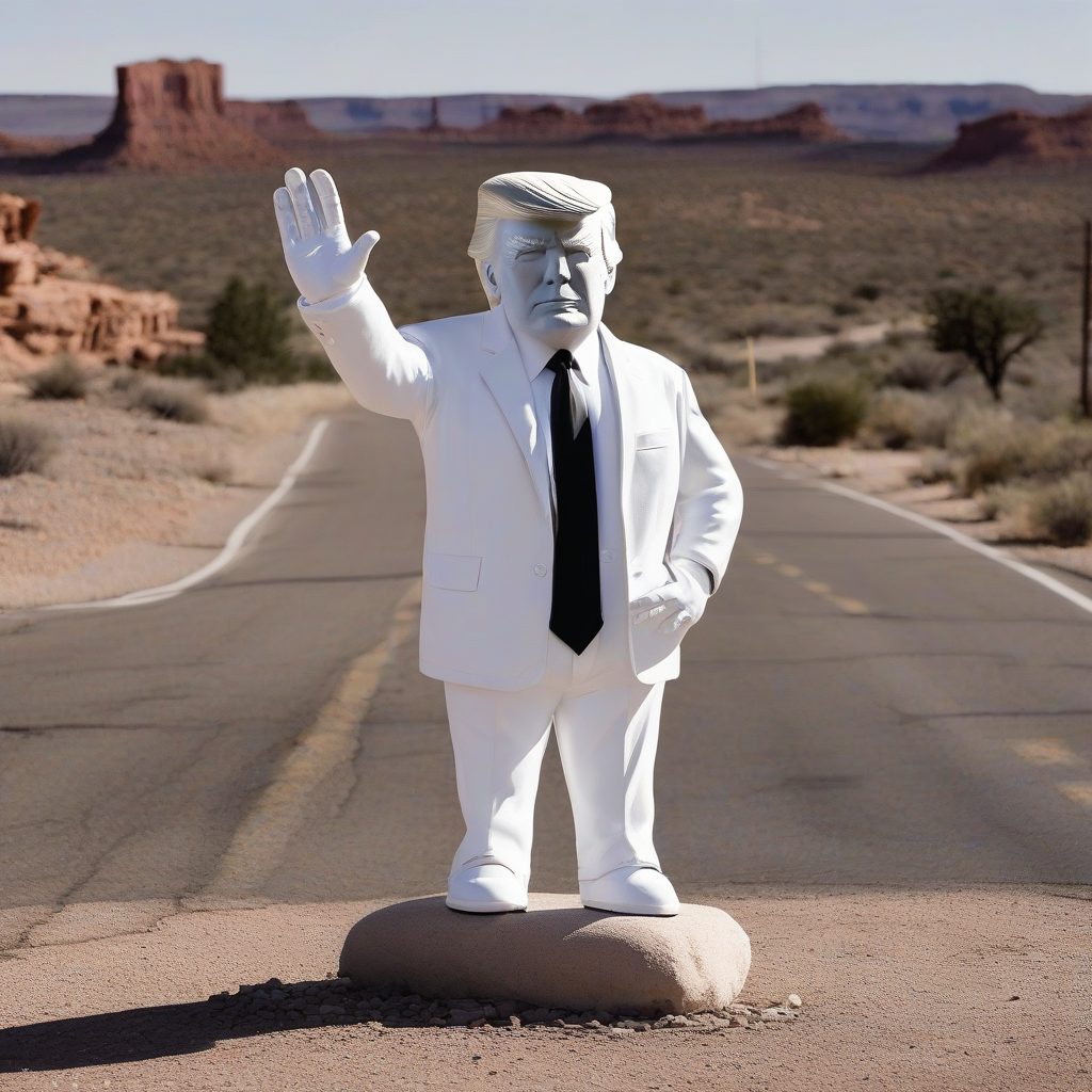 white spirit sits on a stone by route 66 donald trump waves by मुफ्त एआई छवि जनरेटर - बिना लॉगिन के✨ | AIGAZOU