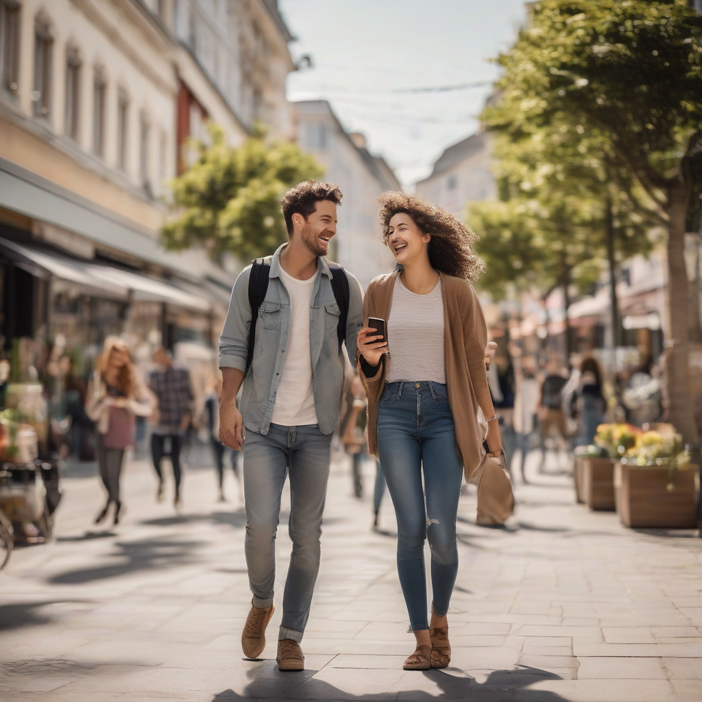 young couple walking arm in arm smiling by मुफ्त एआई छवि जनरेटर - बिना लॉगिन के✨ | AIGAZOU