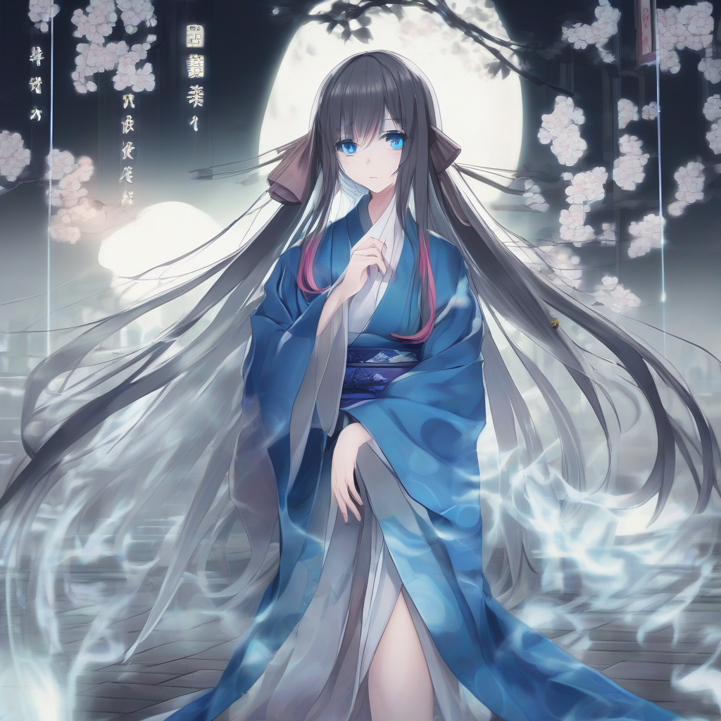 ghost large breasts kimono blue eyes long straight hair semi transparent by Free AI Image Generator & Maker - No login required✨ | AIGAZOU