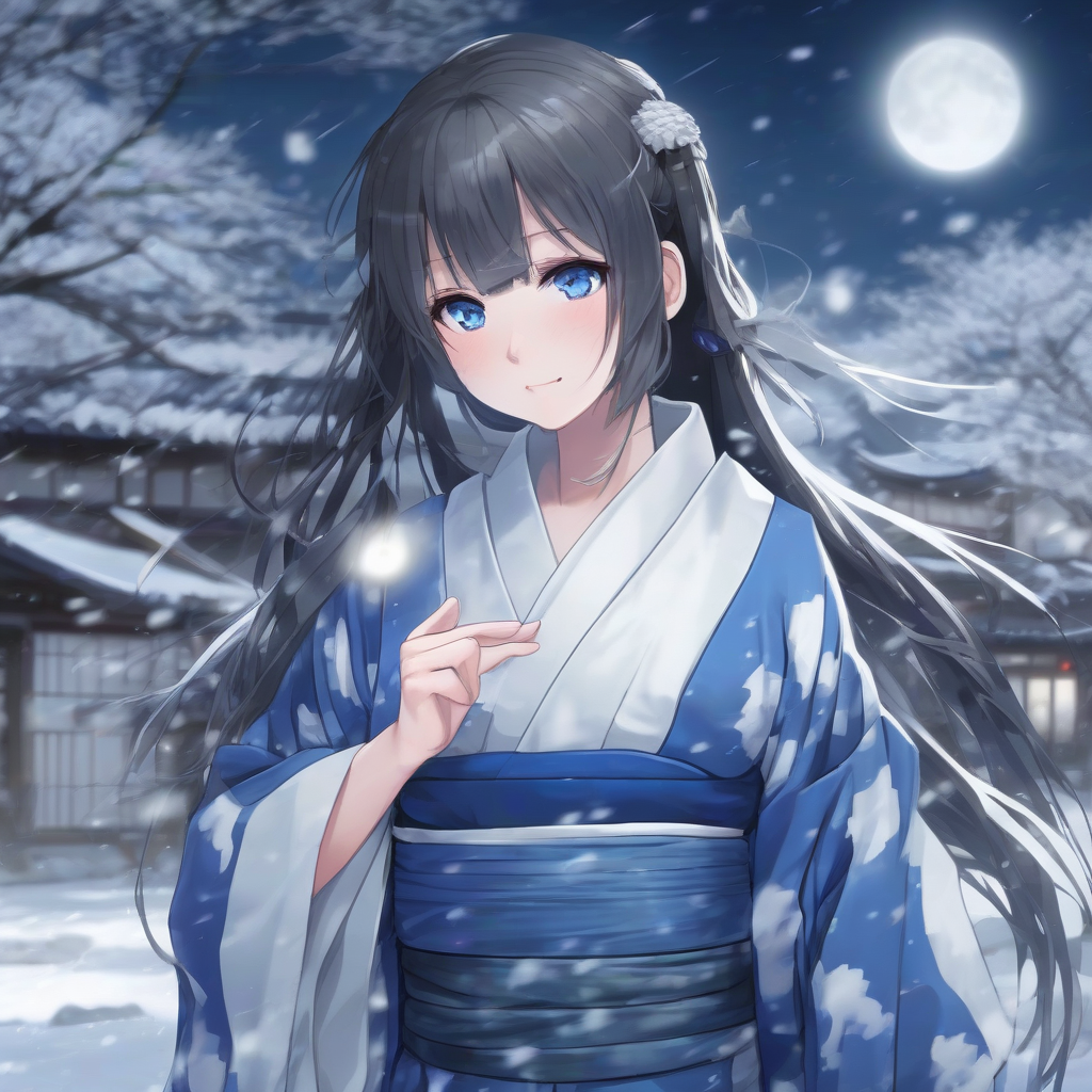 snow woman large breasts ghost yukata blue eyes long straight hair full body white moon blizzard zashiki by Free AI Image Generator & Maker - No login required✨ | AIGAZOU