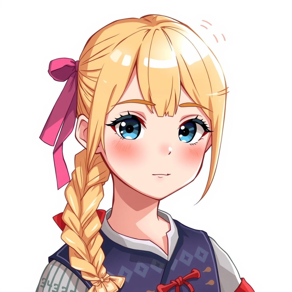 blonde hair braided pigtails blue eyes pink ribbon ethnic style outfit 15 year old girl white background by Free AI Image Generator & Maker - No login required✨ | AIGAZOU