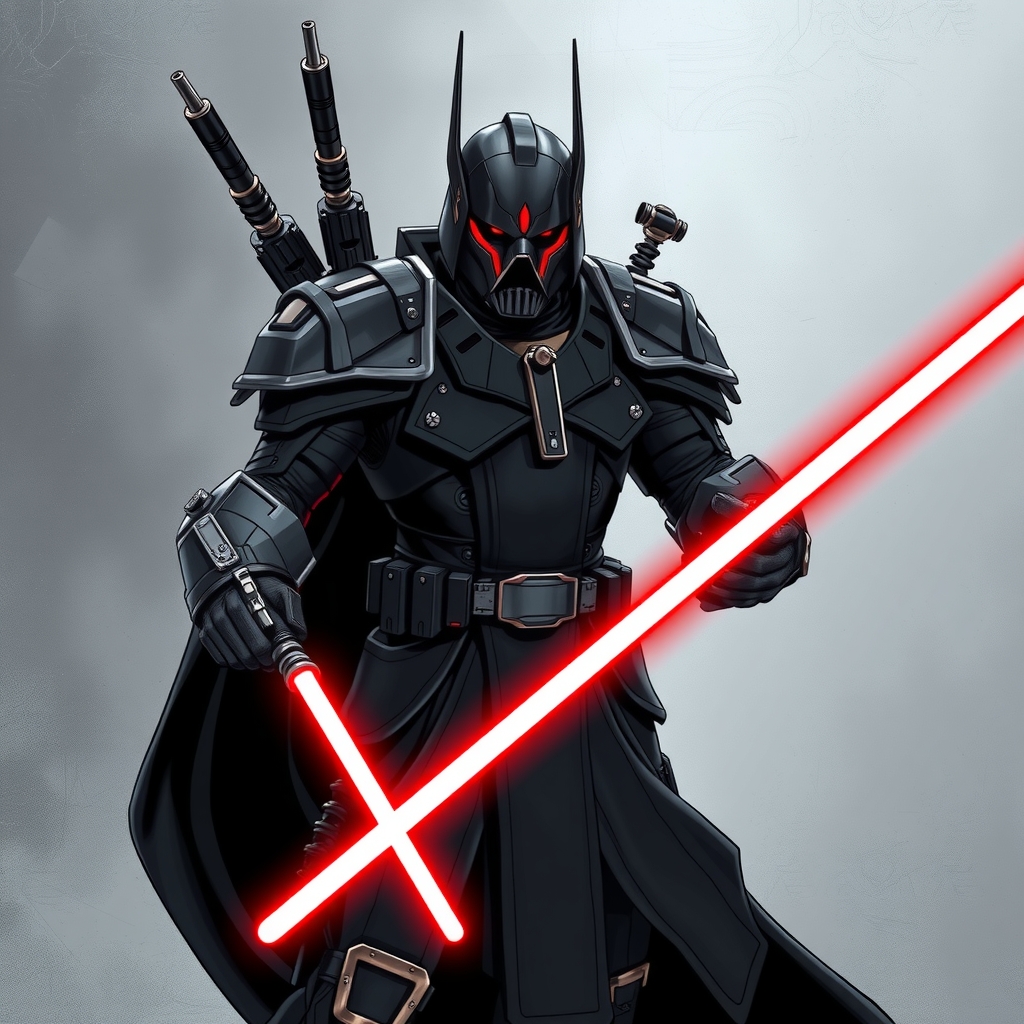 the greatest conqueror of the multiverse is a human mechanic with black equipment and two red lightsabers by Free AI Image Generator & Maker - No login required✨ | AIGAZOU