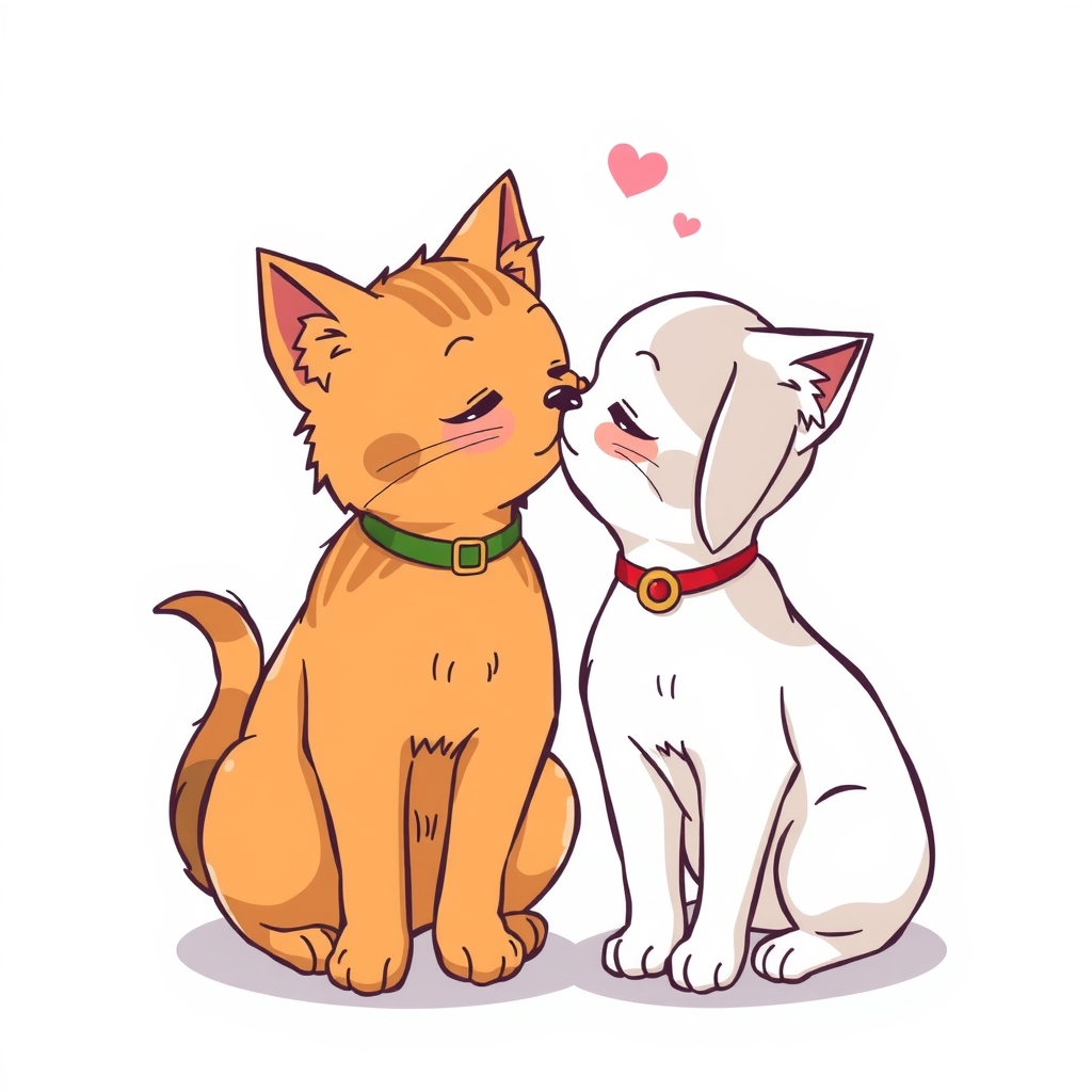 anime style cat and dog kissing in line art by Free AI Image Generator & Maker - No login required✨ | AIGAZOU