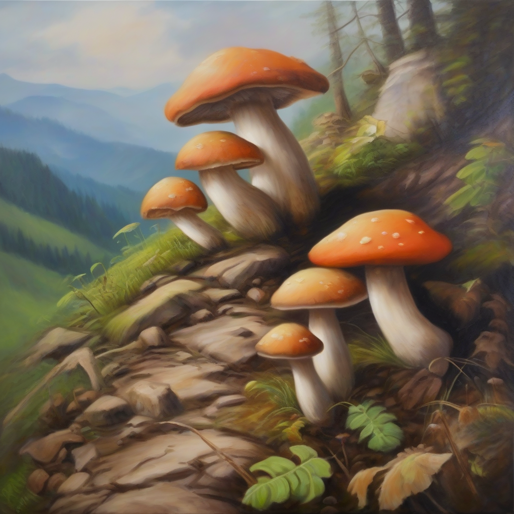 mushrooms on a mountain oil painting by Free AI Image Generator & Maker - No login required✨ | AIGAZOU