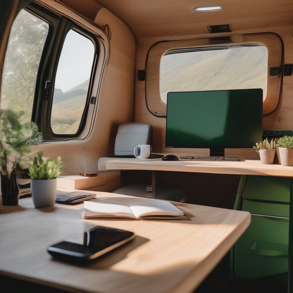 beautiful green plateau luxury camper home work space by Free AI Image Generator & Maker - No login required✨ | AIGAZOU