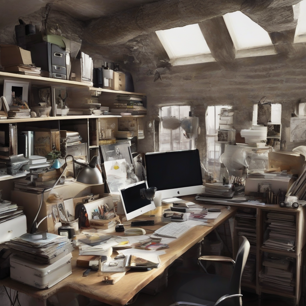 a cluttered loft workspace needs to be cleaned up and colored by Free AI Image Generator & Maker - No login required✨ | AIGAZOU