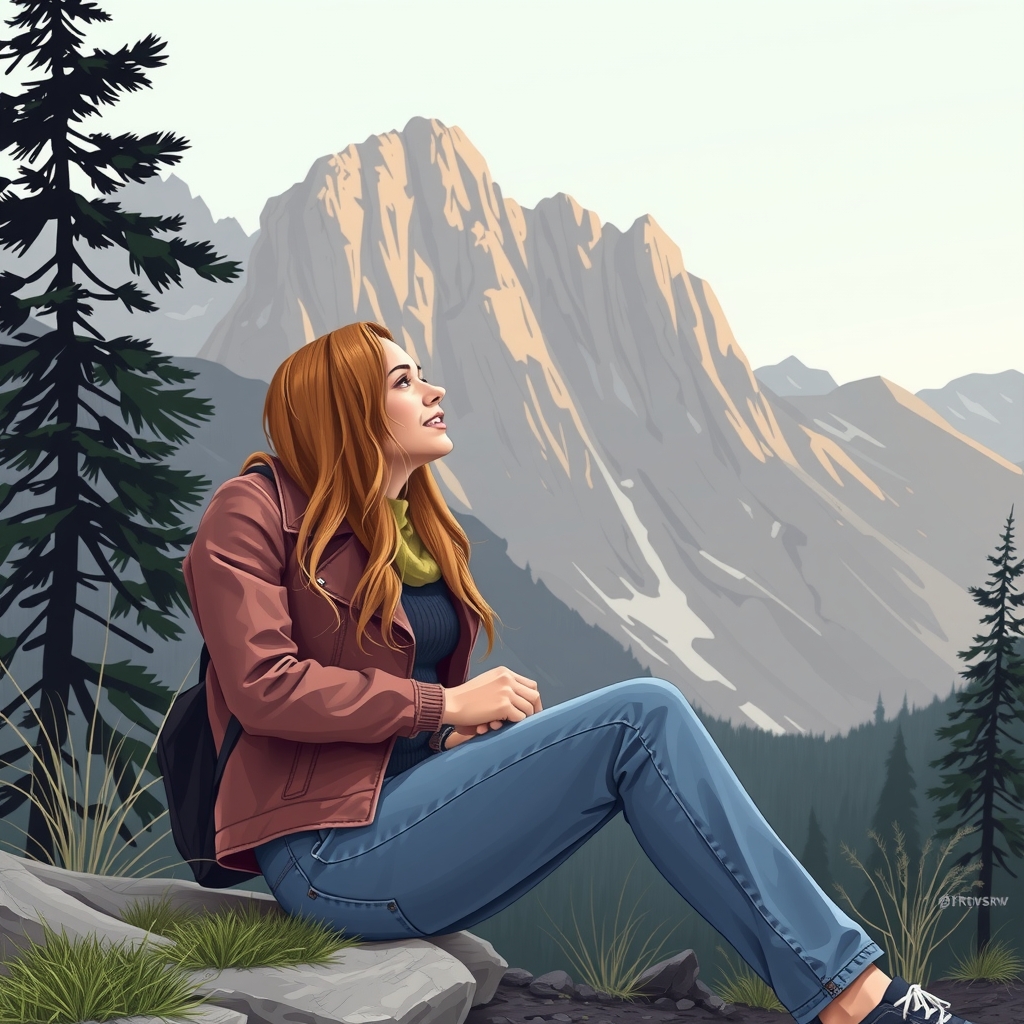 woman in jeans sitting waiting in front of the mountain by Free AI Image Generator & Maker - No login required✨ | AIGAZOU