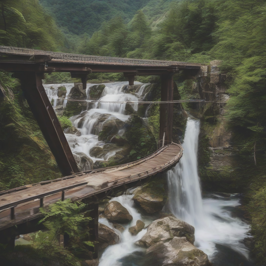 mountain river bridge waterfall by Free AI Image Generator & Maker - No login required✨ | AIGAZOU