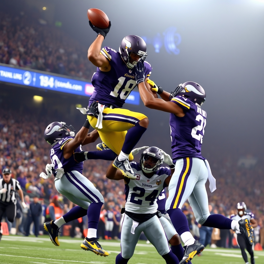 american football player number 18 minnesota vikings jumps high against 3 opponents by Free AI Image Generator & Maker - No login required✨ | AIGAZOU