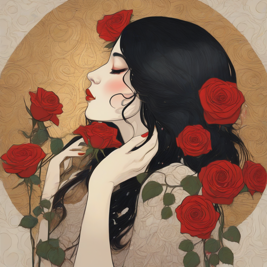 young beautiful black haired girl smelling red rose by मुफ्त एआई छवि जनरेटर - बिना लॉगिन के✨ | AIGAZOU