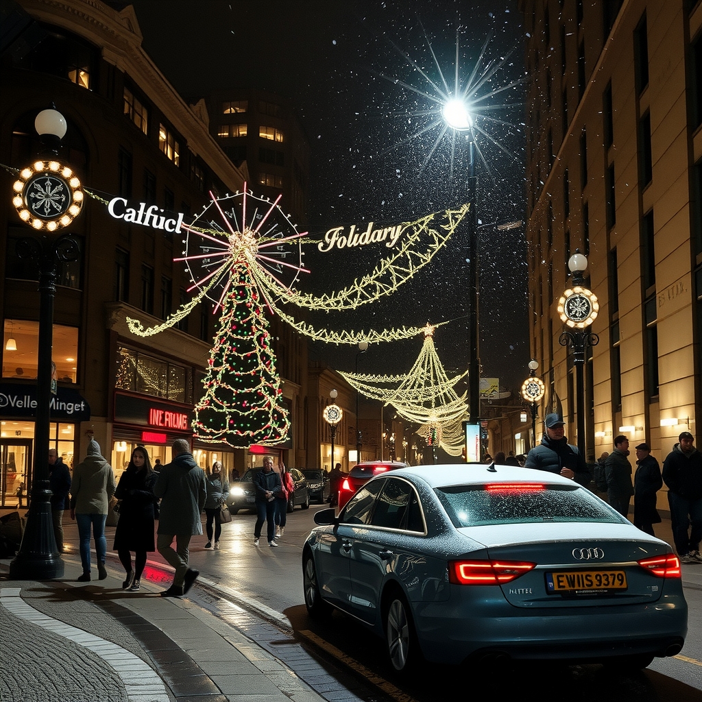 illumination christmas snow wide angle downtown people cars night by Générateur d'images par IA gratuit - Aucune connexion nécessaire✨ | AIGAZOU
