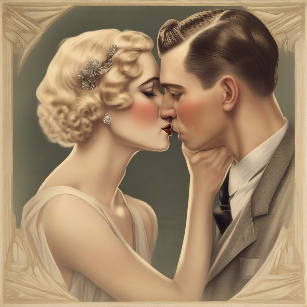 a couple kissing style of the 1920s she has blonde hair pinned up by मुफ्त एआई छवि जनरेटर - बिना लॉगिन के✨ | AIGAZOU