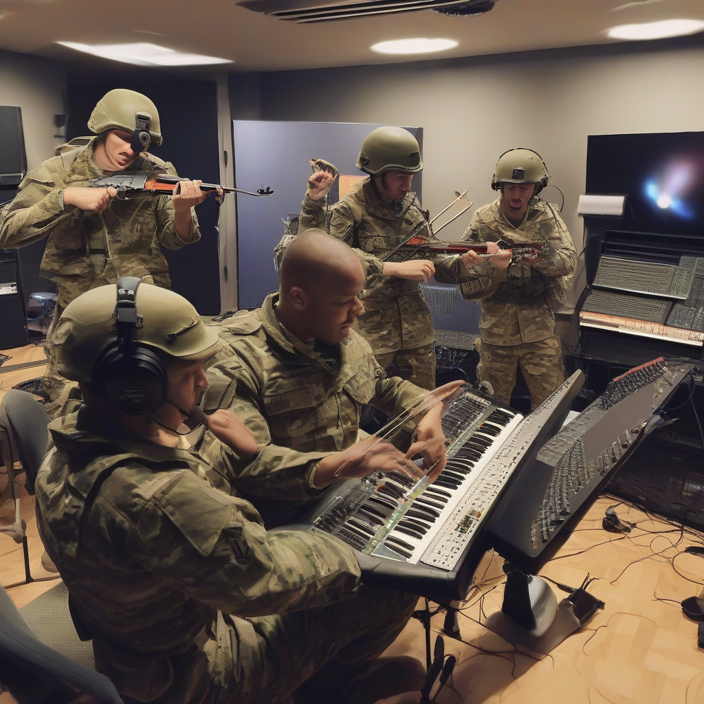 soldiers fighting in a sound studio with instruments no weapons by मुफ्त एआई छवि जनरेटर - बिना लॉगिन के✨ | AIGAZOU