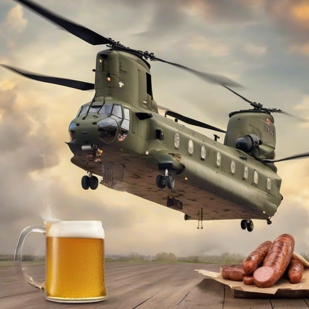 flying between sausages and beer ch 47 chinook helicopter by मुफ्त एआई छवि जनरेटर - बिना लॉगिन के✨ | AIGAZOU