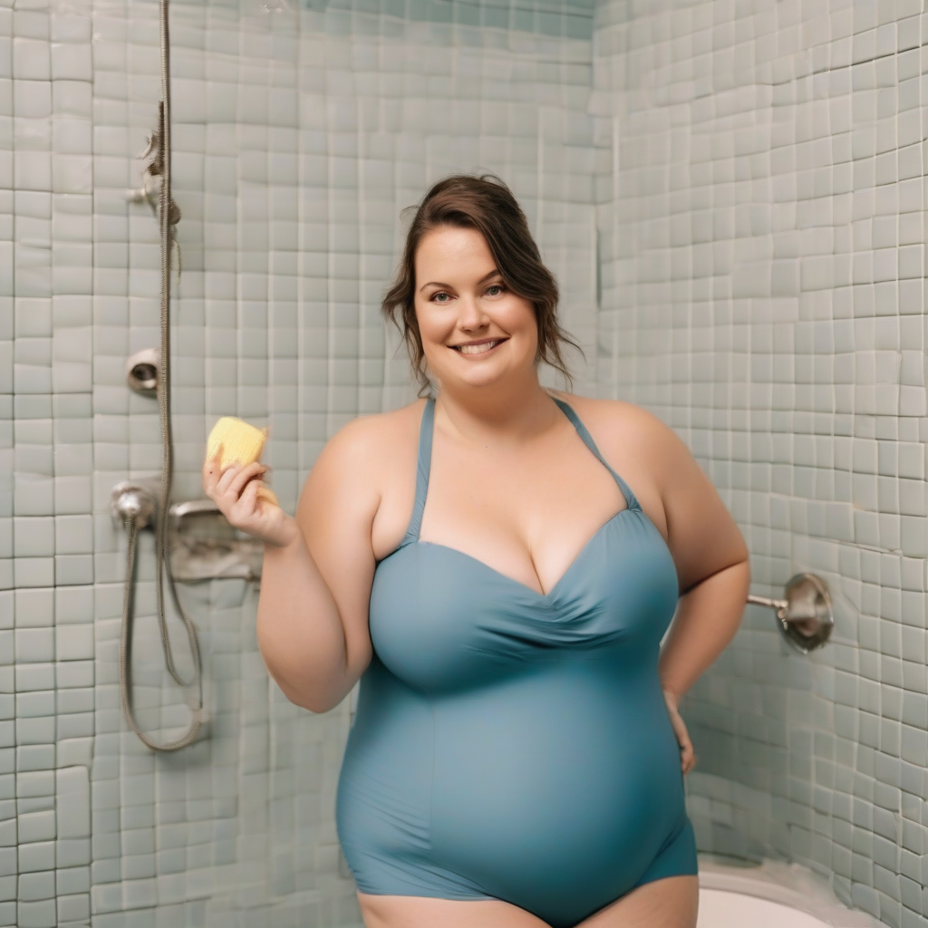 photo woman overweight 35 years beautiful bathroom blue swimsuit by मुफ्त एआई छवि जनरेटर - बिना लॉगिन के✨ | AIGAZOU