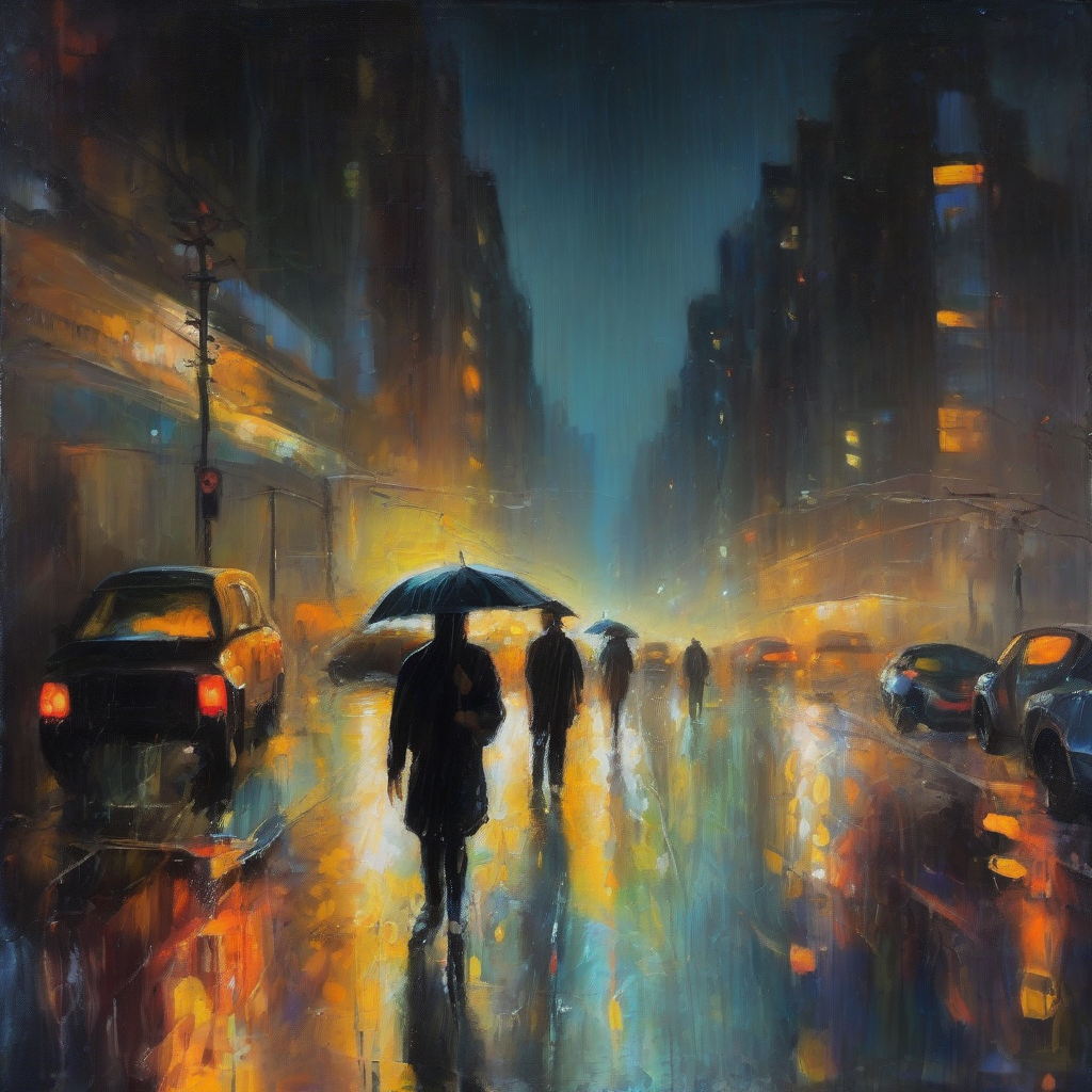 oil painting rough brush strokes night rain soaked city roadways buildings cars human silhouettes distant lights blurred headlights neon by मुफ्त एआई छवि जनरेटर - बिना लॉगिन के✨ | AIGAZOU