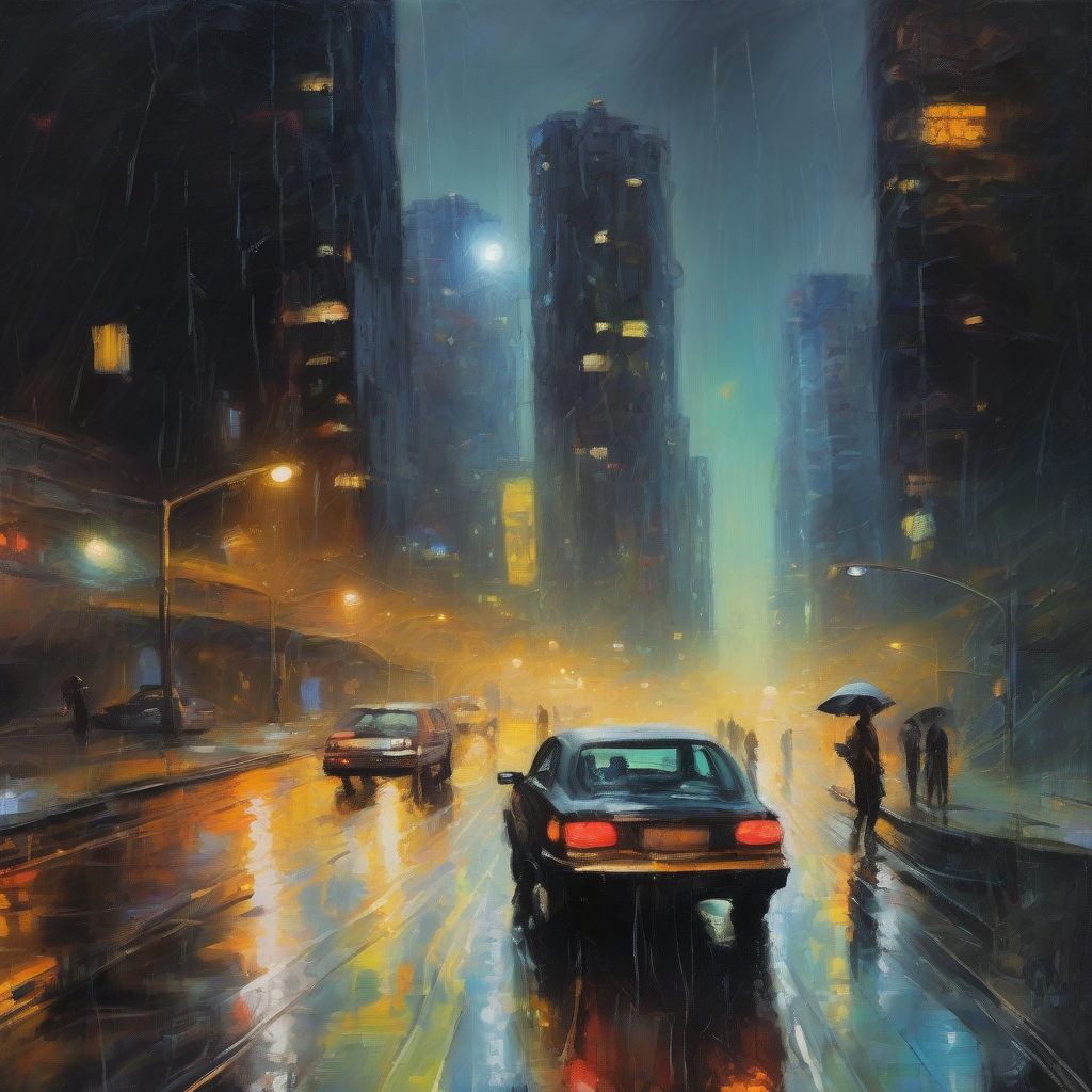 oil painting rough brush strokes night rain wet city road skyscrapers cars shadows distant lights blurred headlights neon by मुफ्त एआई छवि जनरेटर - बिना लॉगिन के✨ | AIGAZOU