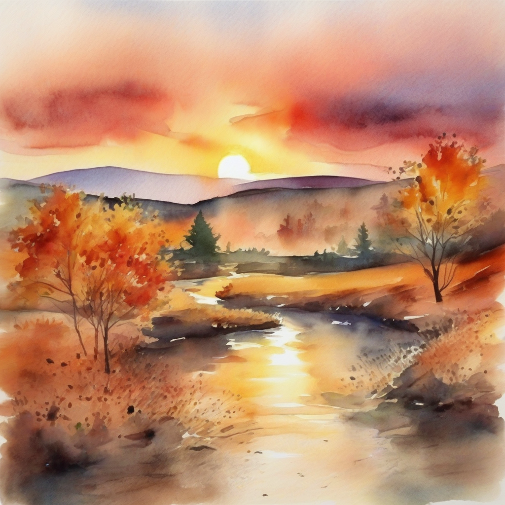 autumn landscape sunset watercolor by मुफ्त एआई छवि जनरेटर - बिना लॉगिन के✨ | AIGAZOU