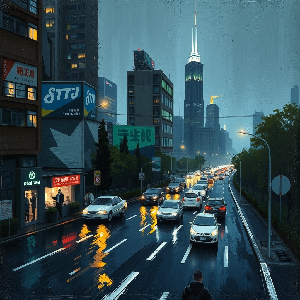 oil painting rough brush strokes night rain soaked city roadways skyscrapers cars human figures distant lights blurred headlights neon by मुफ्त एआई छवि जनरेटर - बिना लॉगिन के✨ | AIGAZOU