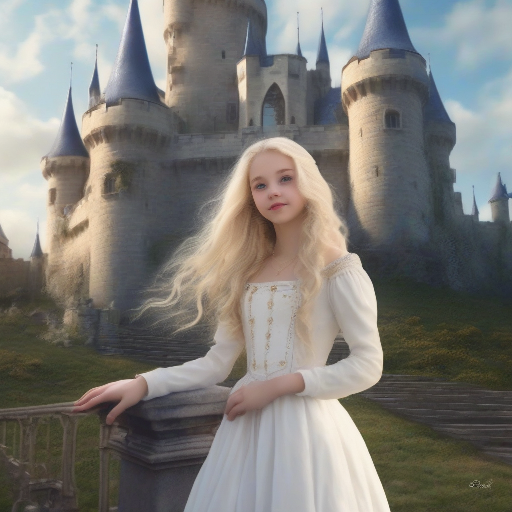 a princess in long sleeved snow white dress with blue eyes and blonde hair standing before a castle by मुफ्त एआई छवि जनरेटर - बिना लॉगिन के✨ | AIGAZOU