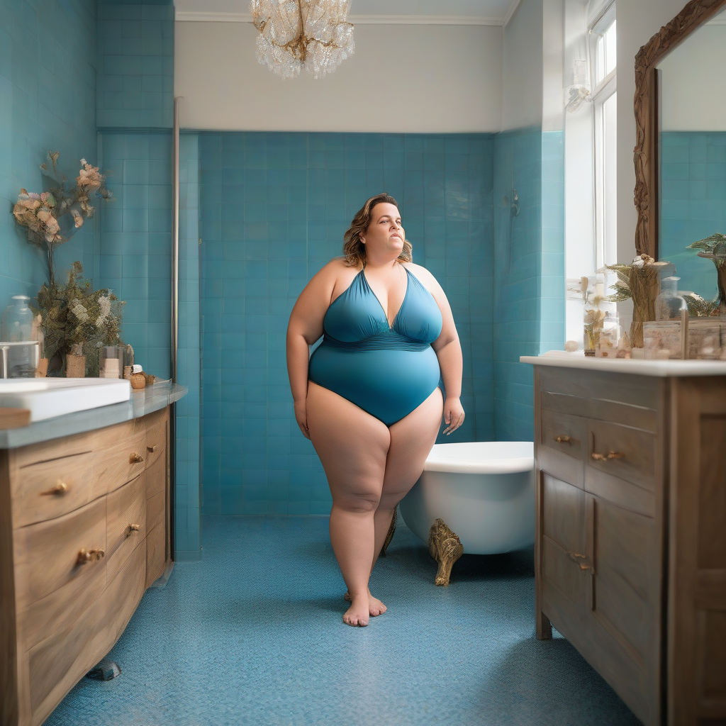 photo of a 35 year old overweight woman in a beautiful bathroom wearing a duck blue bathing suit by मुफ्त एआई छवि जनरेटर - बिना लॉगिन के✨ | AIGAZOU