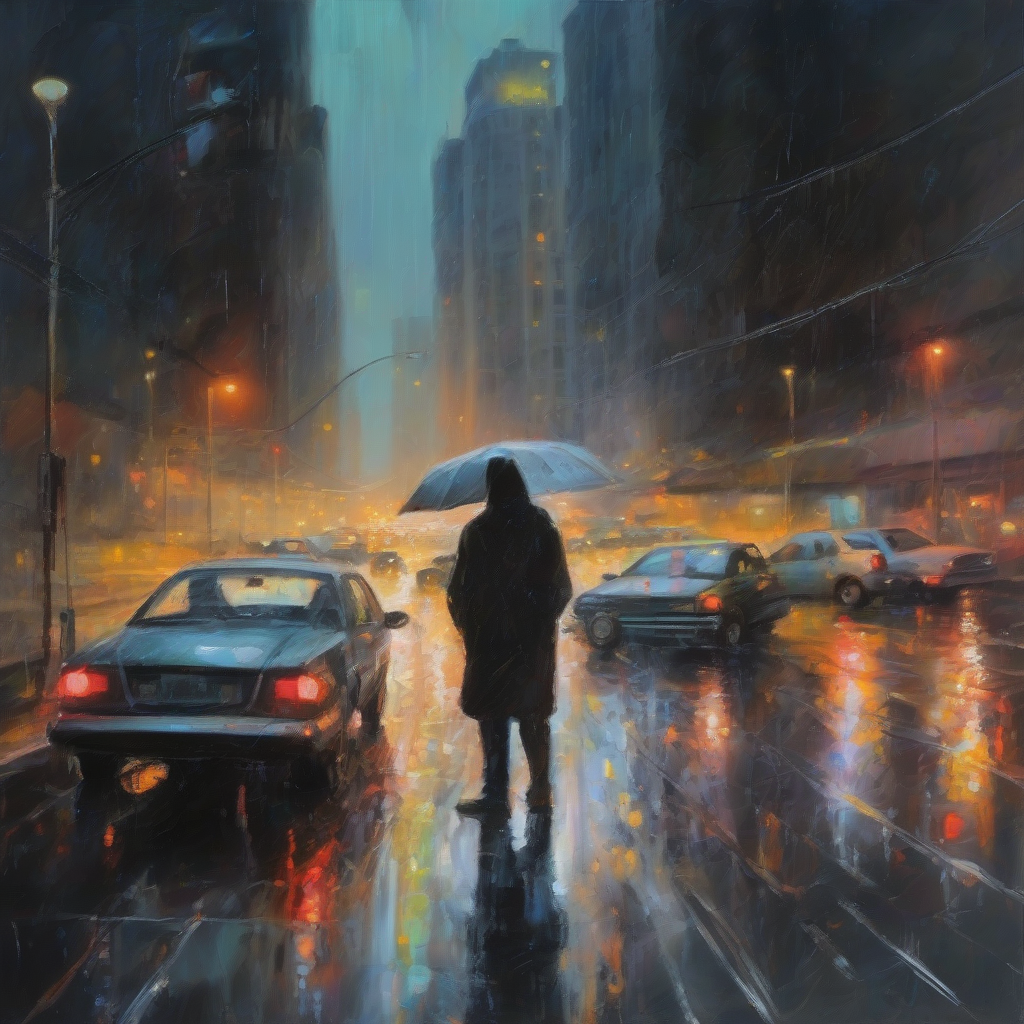 oil painting rough brush strokes night rain wet city road skyscrapers cars shadows distant lights blurred headlights neon by मुफ्त एआई छवि जनरेटर - बिना लॉगिन के✨ | AIGAZOU