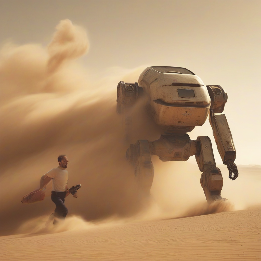 desert giant robot suit chased by massive sandstorm by Free AI Image Generator & Maker - No login required✨ | AIGAZOU
