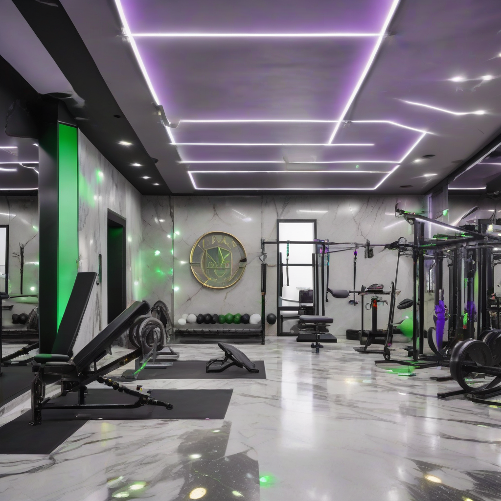 a fitness studio with black ceiling led lights marble floor and green gold details by मुफ्त एआई छवि जनरेटर - बिना लॉगिन के✨ | AIGAZOU