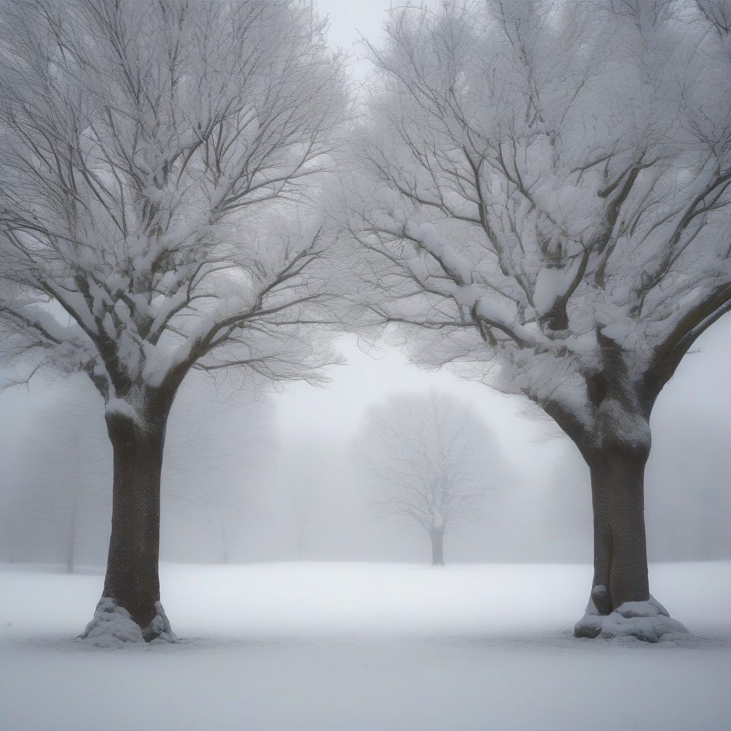 a snowy day with two large trees covered in snow feeling calm by मुफ्त एआई छवि जनरेटर - बिना लॉगिन के✨ | AIGAZOU