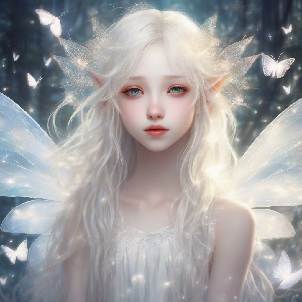 young fairy fantasy sparkling background albino anime girl face white dress long hair by मुफ्त एआई छवि जनरेटर - बिना लॉगिन के✨ | AIGAZOU