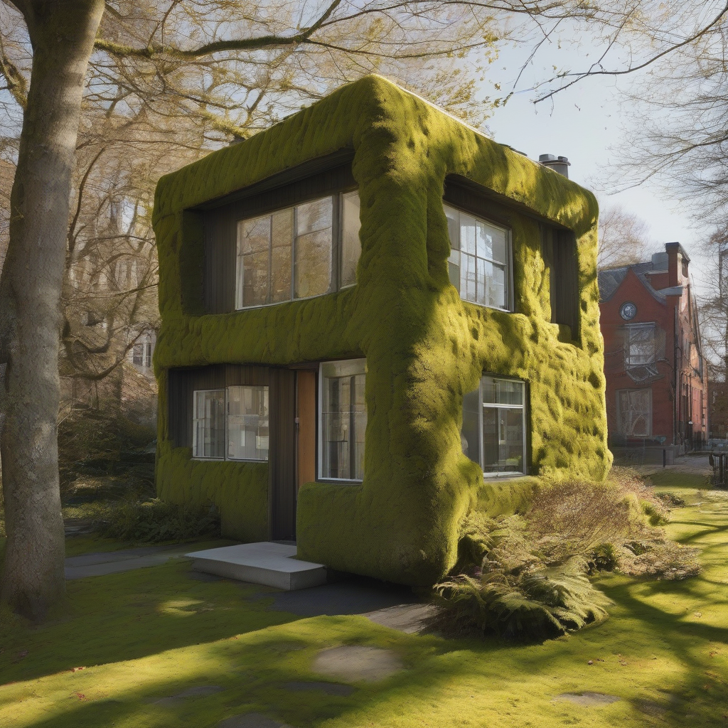 small house building covered with moss on the outer wall bright atmosphere on a sunny day building like harvard university by मुफ्त एआई छवि जनरेटर - बिना लॉगिन के✨ | AIGAZOU