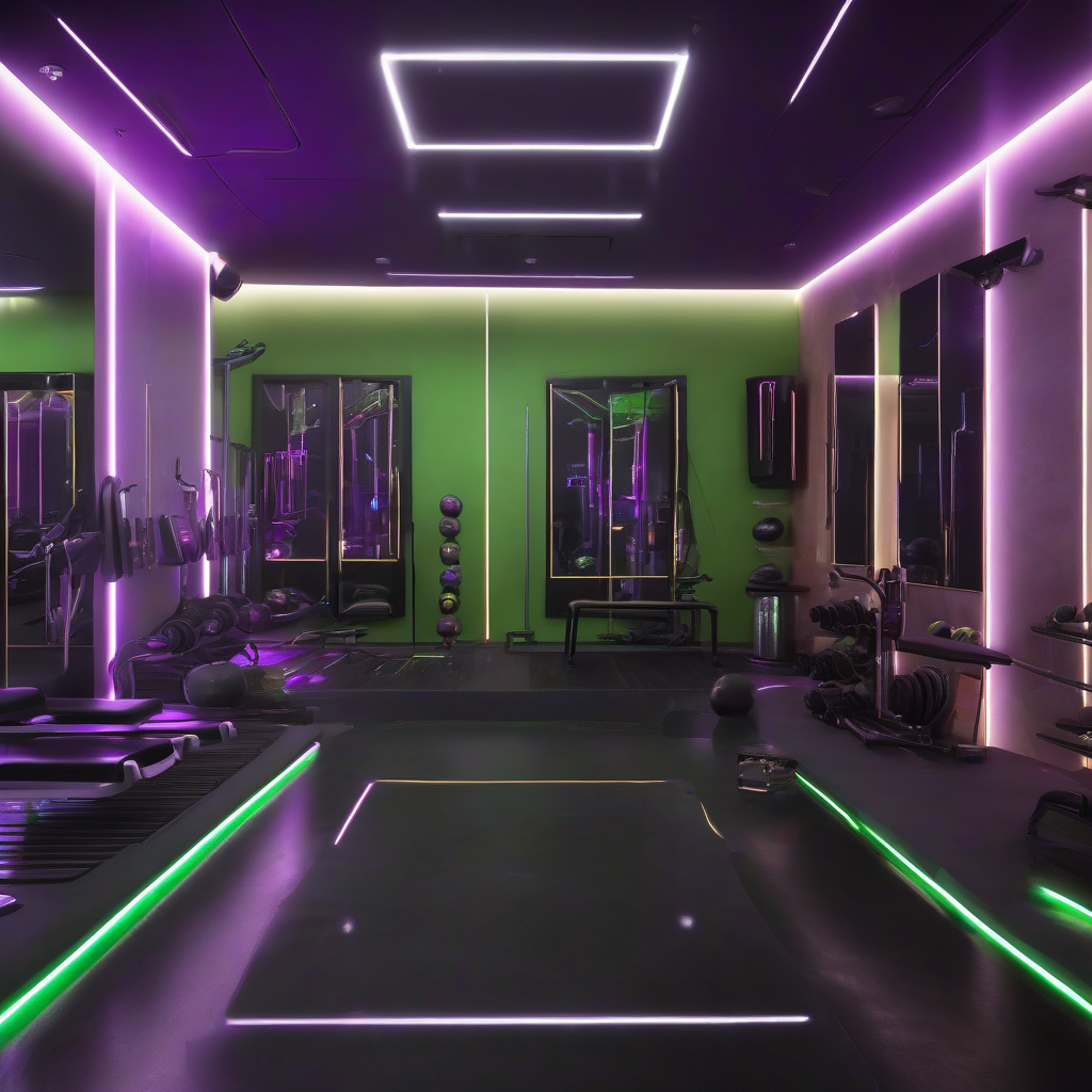 a room with 25 x 6 m and 8 fitness equipment like legextemsnion 5er station lat pull cable pull dumbbell by मुफ्त एआई छवि जनरेटर - बिना लॉगिन के✨ | AIGAZOU