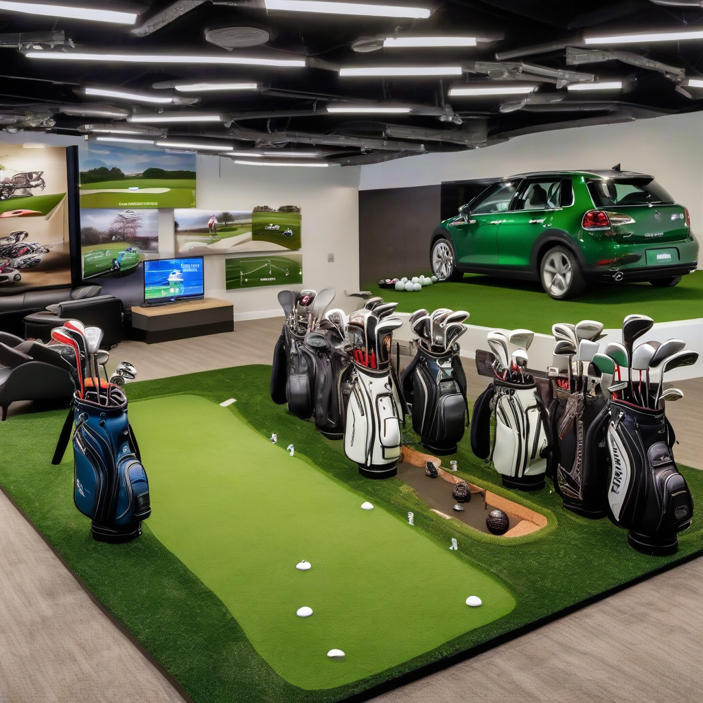 mini dealer showroom floor golf bags golf clubs by Générateur d'images par IA gratuit - Aucune connexion nécessaire✨ | AIGAZOU