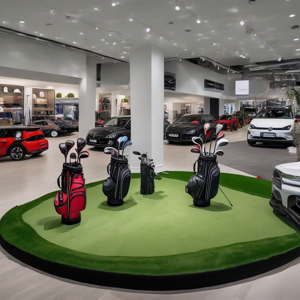 mini car dealer showroom floor display golf bags golf clubs artificial turf by Générateur d'images par IA gratuit - Aucune connexion nécessaire✨ | AIGAZOU