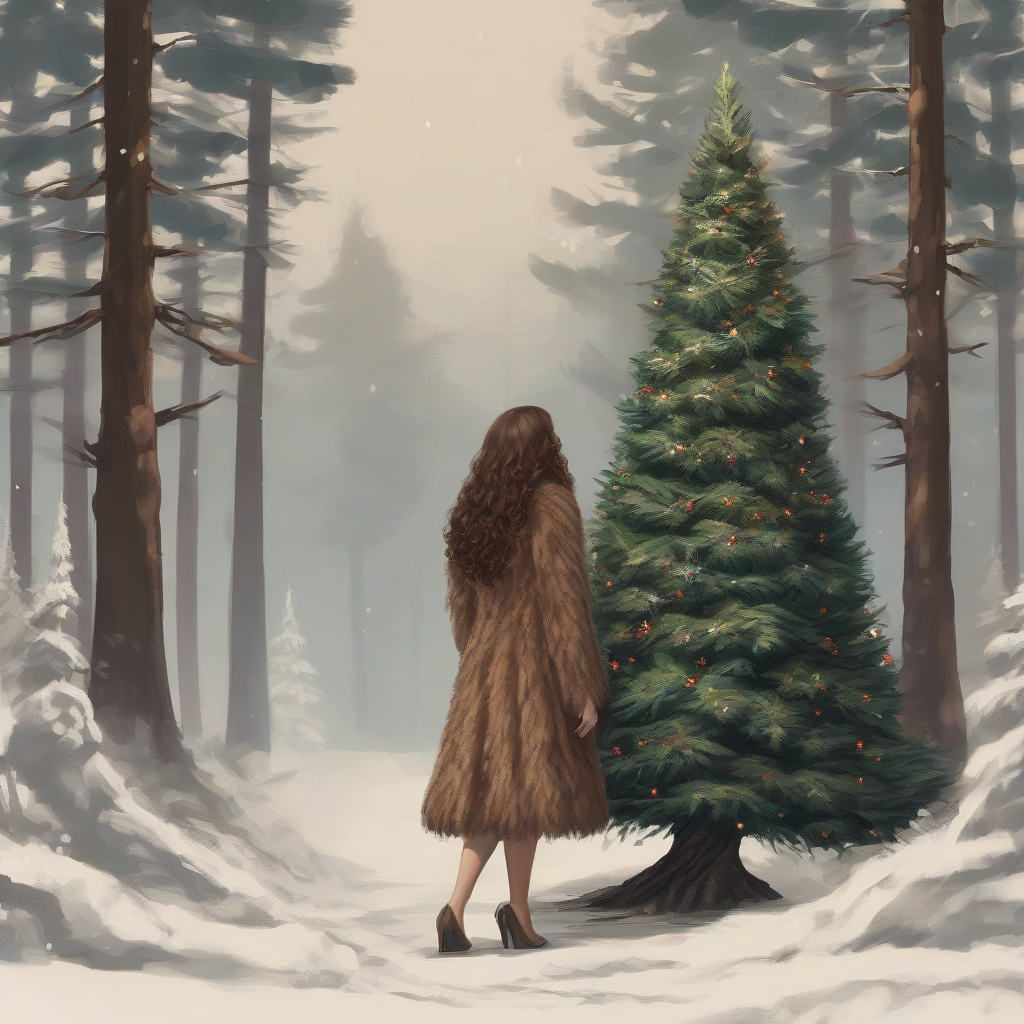 a decorated small tree in the forest with a woman in a fur coat standing behind it by मुफ्त एआई छवि जनरेटर - बिना लॉगिन के✨ | AIGAZOU