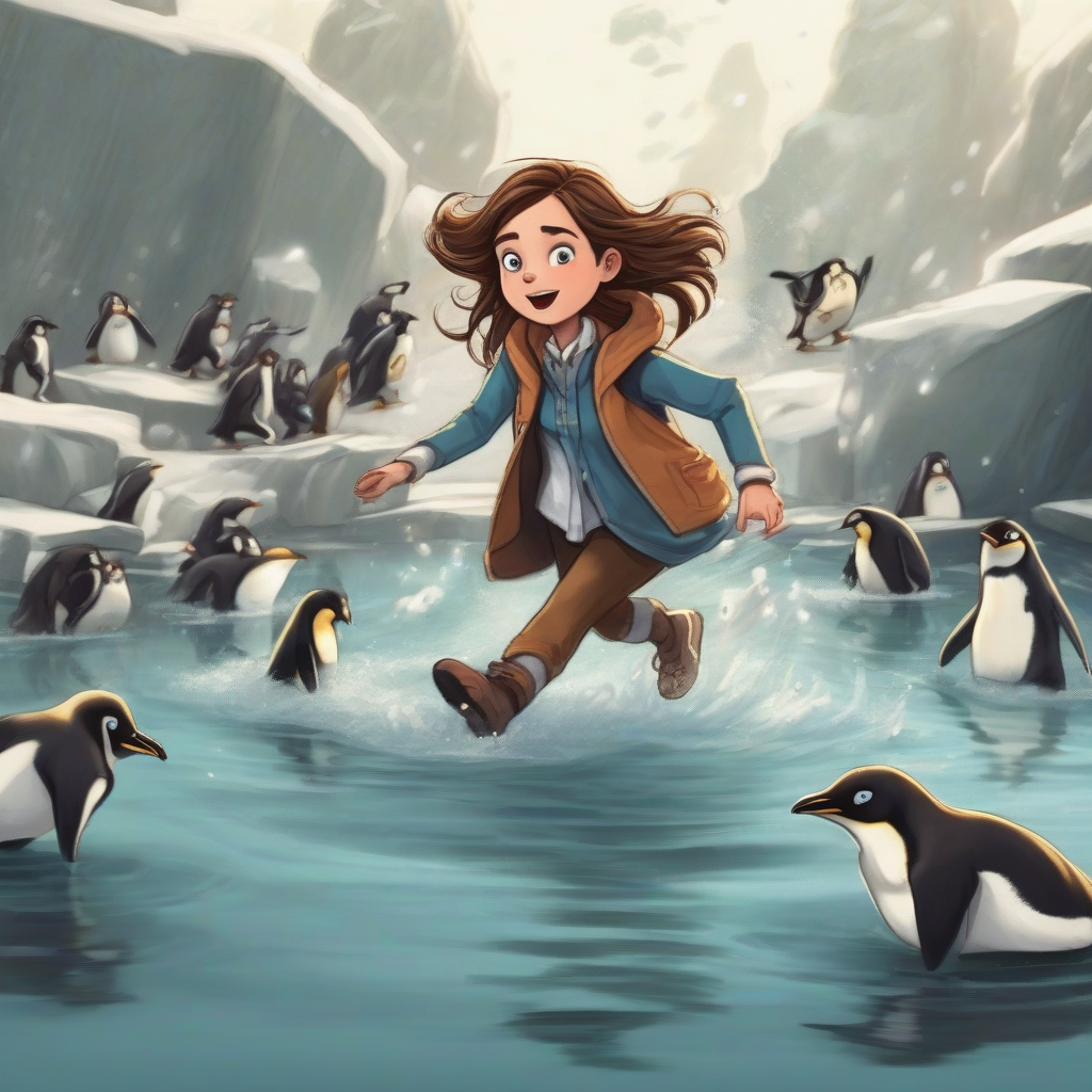 clara the veterinarian with long brown hair chases the penguins and falls into the pond by मुफ्त एआई छवि जनरेटर - बिना लॉगिन के✨ | AIGAZOU