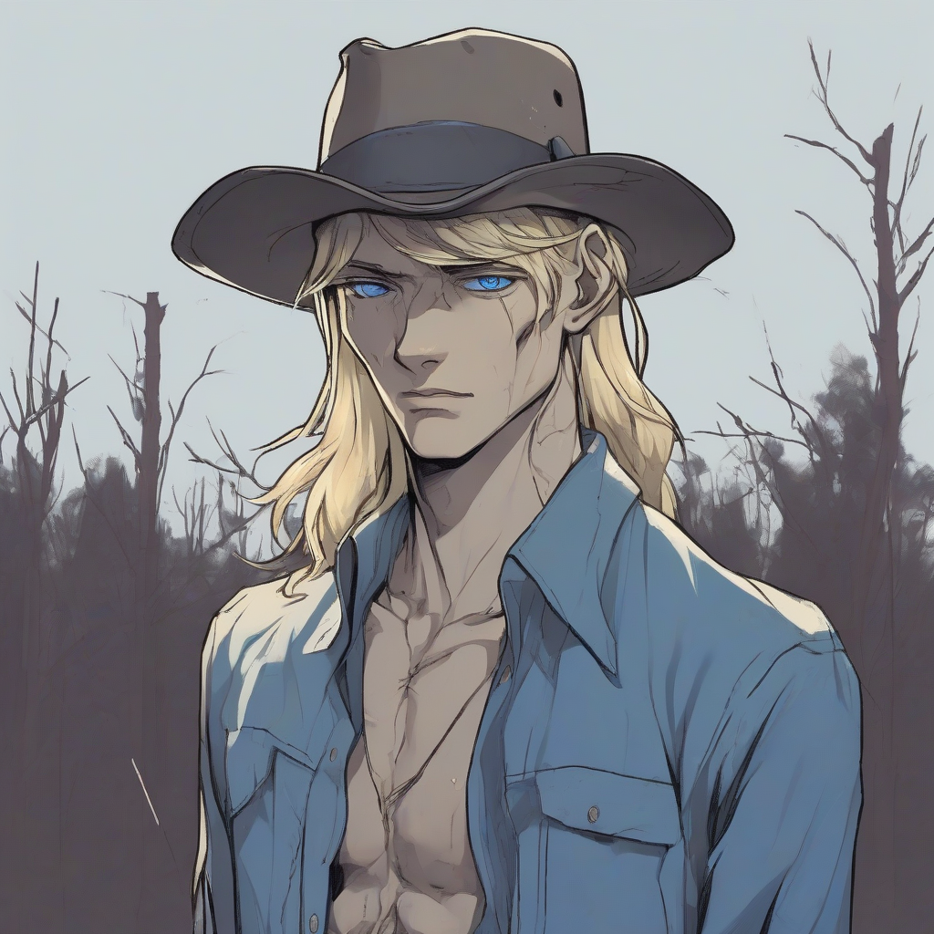 slim standing portrait american blue eyes hat blonde hair despair wounds by मुफ्त एआई छवि जनरेटर - बिना लॉगिन के✨ | AIGAZOU