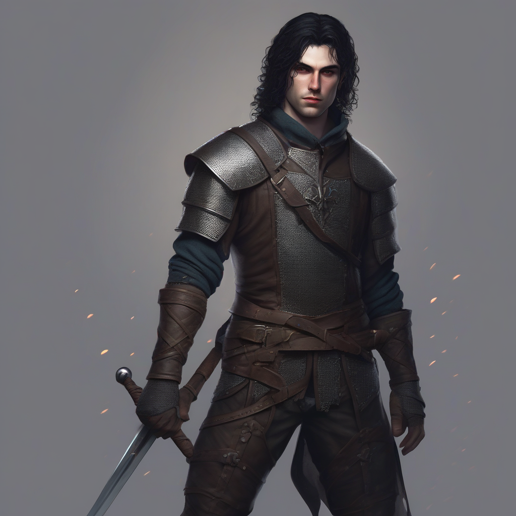 full body photo man medieval leather armor game art one handed sword witcher style chainmail black hair young man curly by मुफ्त एआई छवि जनरेटर - बिना लॉगिन के✨ | AIGAZOU