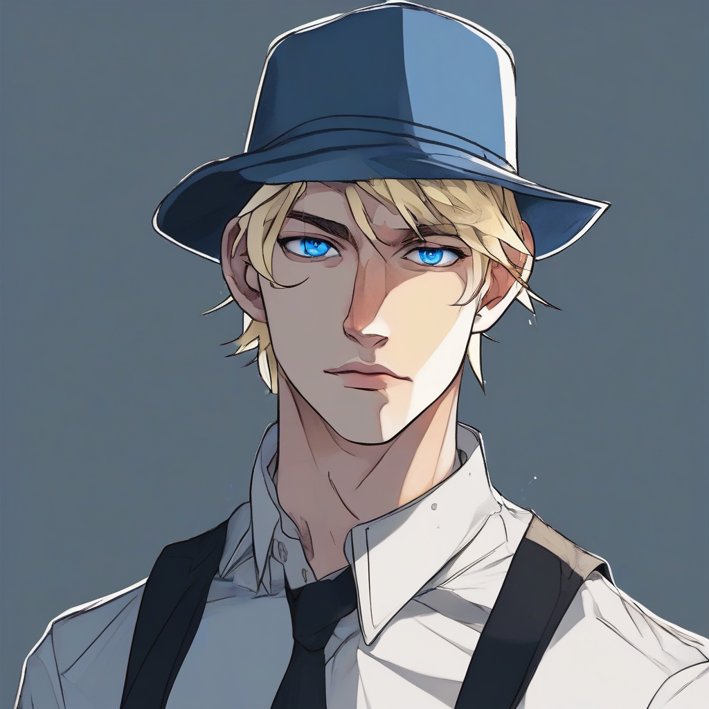 slim standing american blue eyes hat blonde dark expression face scar by मुफ्त एआई छवि जनरेटर - बिना लॉगिन के✨ | AIGAZOU