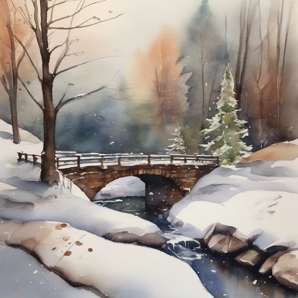 first snow bridge landscape watercolor by मुफ्त एआई छवि जनरेटर - बिना लॉगिन के✨ | AIGAZOU