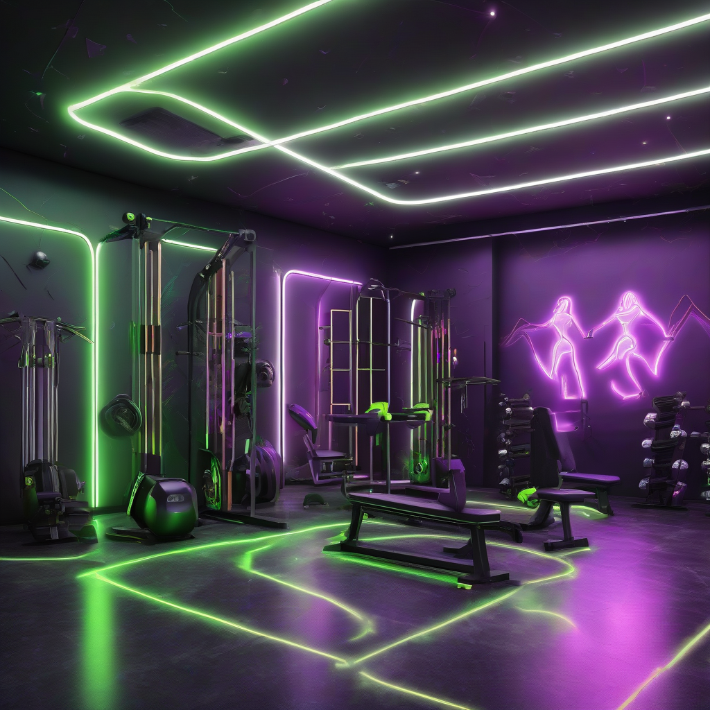 a room with 25 x 6 m and 8 fitness equipment by मुफ्त एआई छवि जनरेटर - बिना लॉगिन के✨ | AIGAZOU