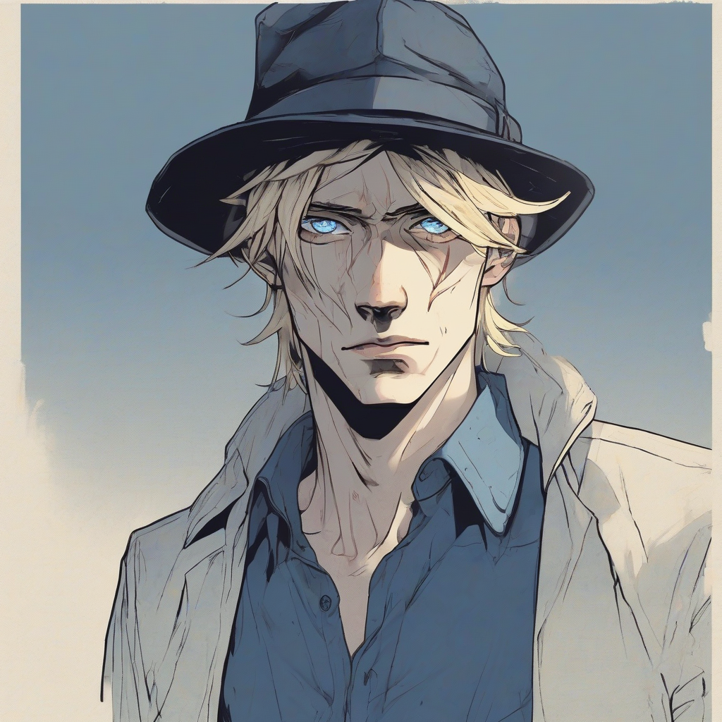 slim standing portrait american blue eyes hat blonde hair despair wounds by मुफ्त एआई छवि जनरेटर - बिना लॉगिन के✨ | AIGAZOU